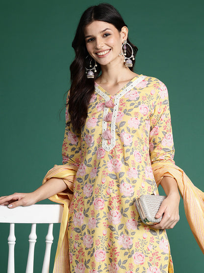 Floral Printed Thread Work Pure Cotton Kurta with Trousers & Dupatta