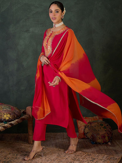 Floral Yoke Design Round Neck Zari Straight Kurta With Trousers & Dupatta