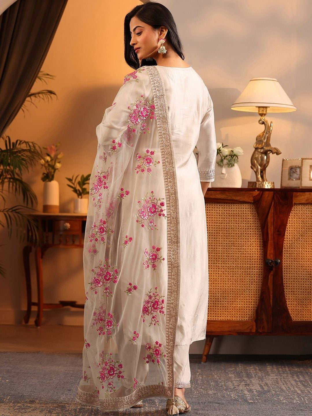 Ethnic Motifs Regular Thread Work Kurta With Trousers & Dupatta