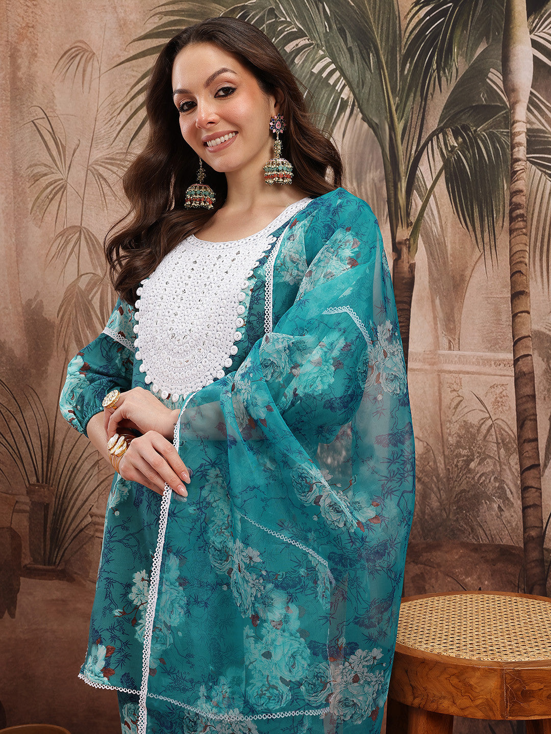 Floral Printed Yoke Design Kurti With Patiala & Dupatta