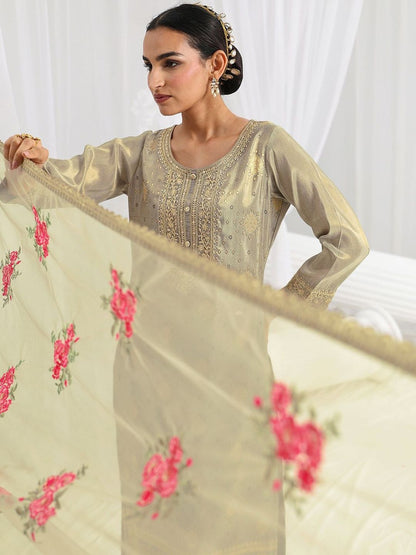 Women Regular Thread Work Kurta with Trousers & With Dupatta