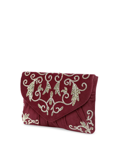 Dhiyona NR Women Maroon And Gold Toned Embroidered And Sequins Embellished Clutches