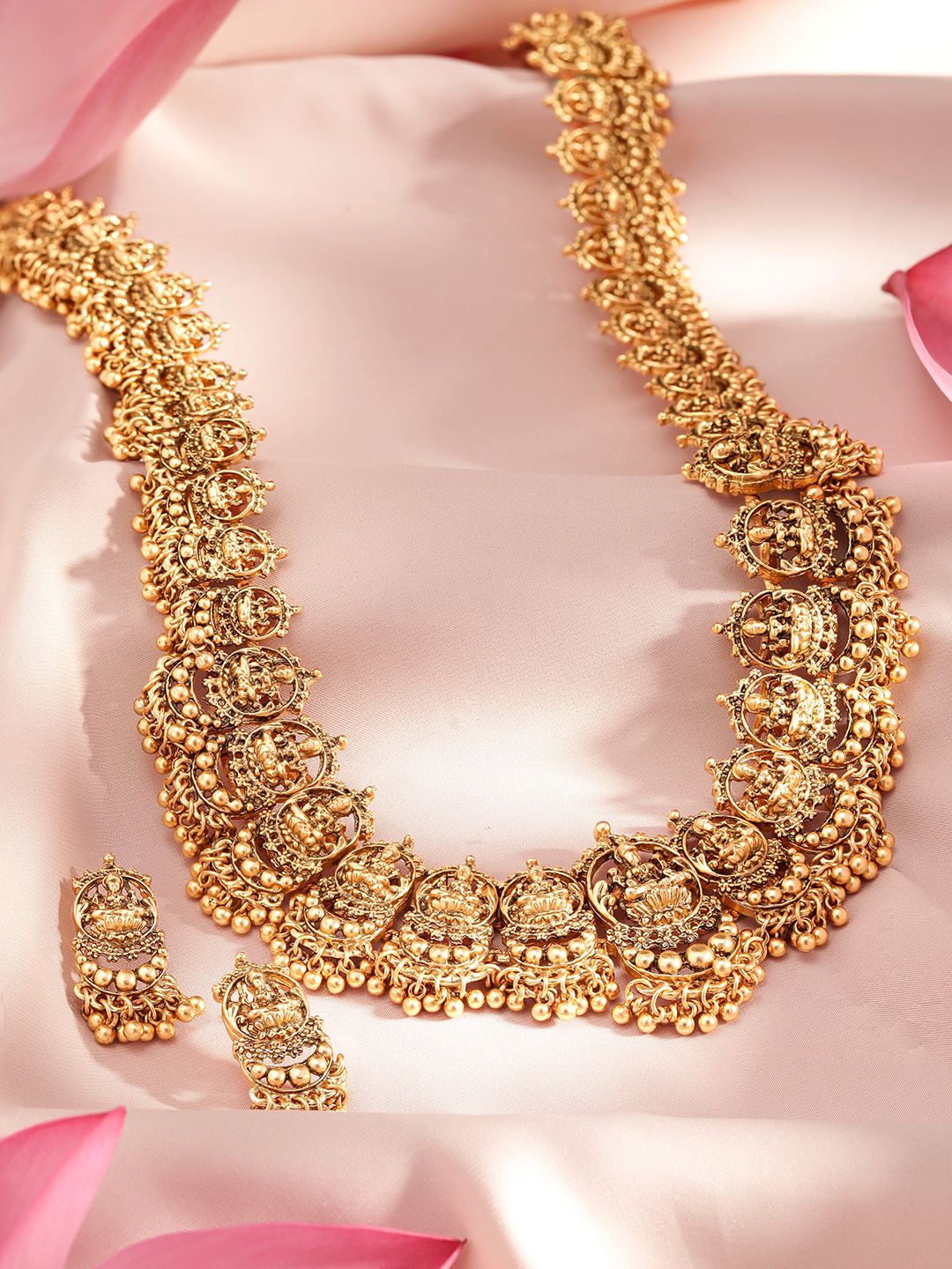 Dhiyona RJ Women's 22K Gold-Plated Divine Lakshmi Motif Temple Jewellery Set with Gold Bead Accents
