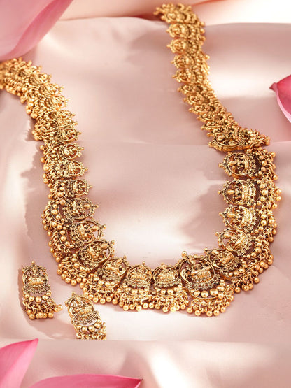 Dhiyona RJ Women's 22K Gold-Plated Divine Lakshmi Motif Temple Jewellery Set with Gold Bead Accents