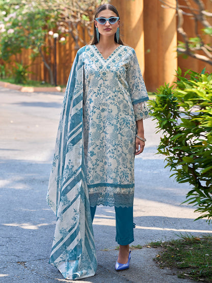 Floral Printed Regular Thread Work Pure Cotton Kurta with Trousers & Dupatta