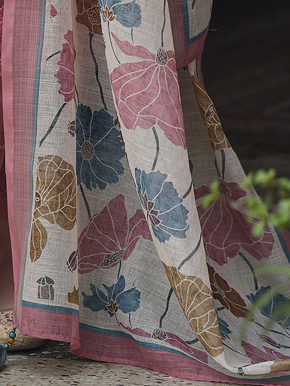 Dhiyona IE Floral Printed Thread Work Linen Kurta Set