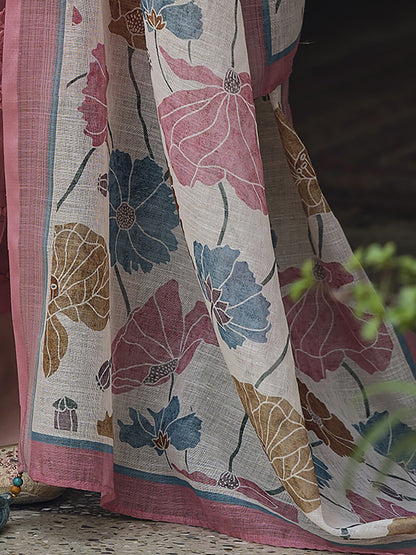 Floral Printed Thread Work Linen Kurta Set