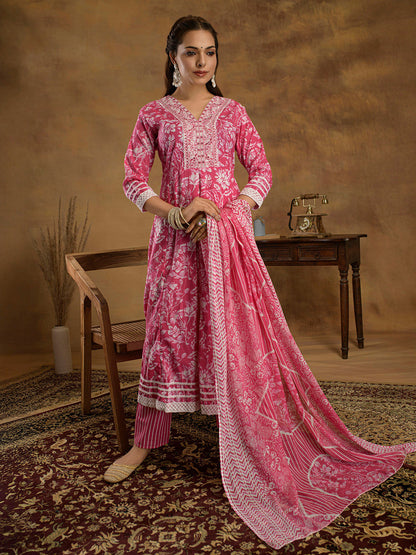 Women Floral Panelled Gotta Patti Pure Cotton Kurti with Trousers & With Dupatta