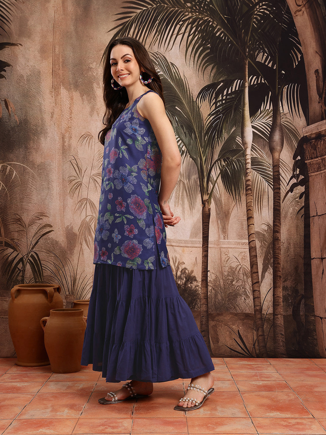 Floral Print Regular Pure Cotton Kurta with Sharara & Dupatta