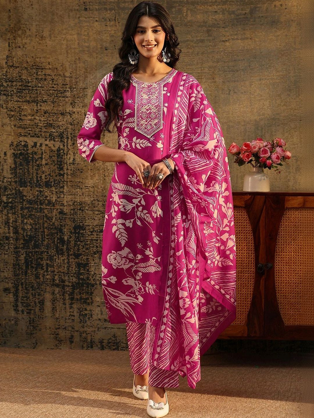 Rani Pink Floral Printed Cotton Blend Straight Suit Set
