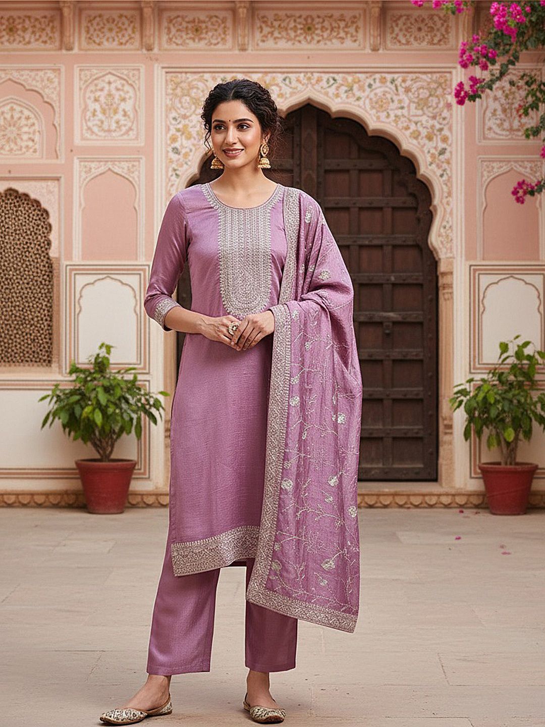 Dhiyona KL Floral Embroidered Sequinned Straight Kurta & Trousers With Dupatta