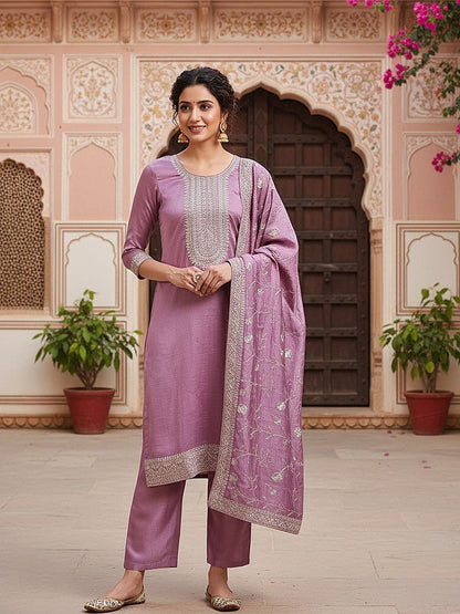 Dhiyona KL Floral Embroidered Sequinned Straight Kurta & Trousers With Dupatta