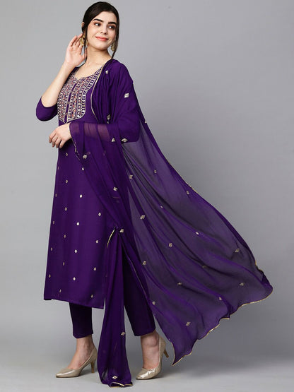 Dhiyona KL Floral Embroidered Regular Thread Work Kurta with Trouser & Dupatta