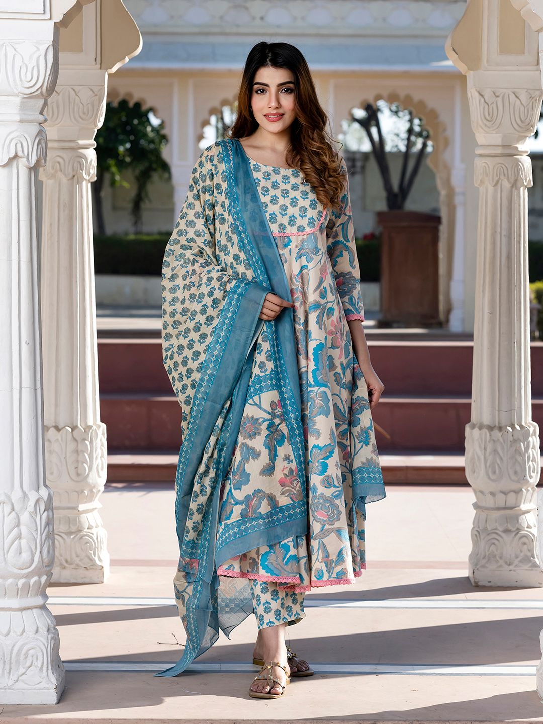 Dhiyona KL Floral Printed Round Neck Pure Cotton Anarkali Kurta with Trousers & Dupatta