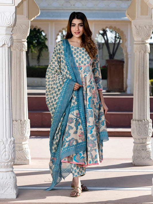 Dhiyona KL Floral Printed Round Neck Pure Cotton Anarkali Kurta with Trousers & Dupatta