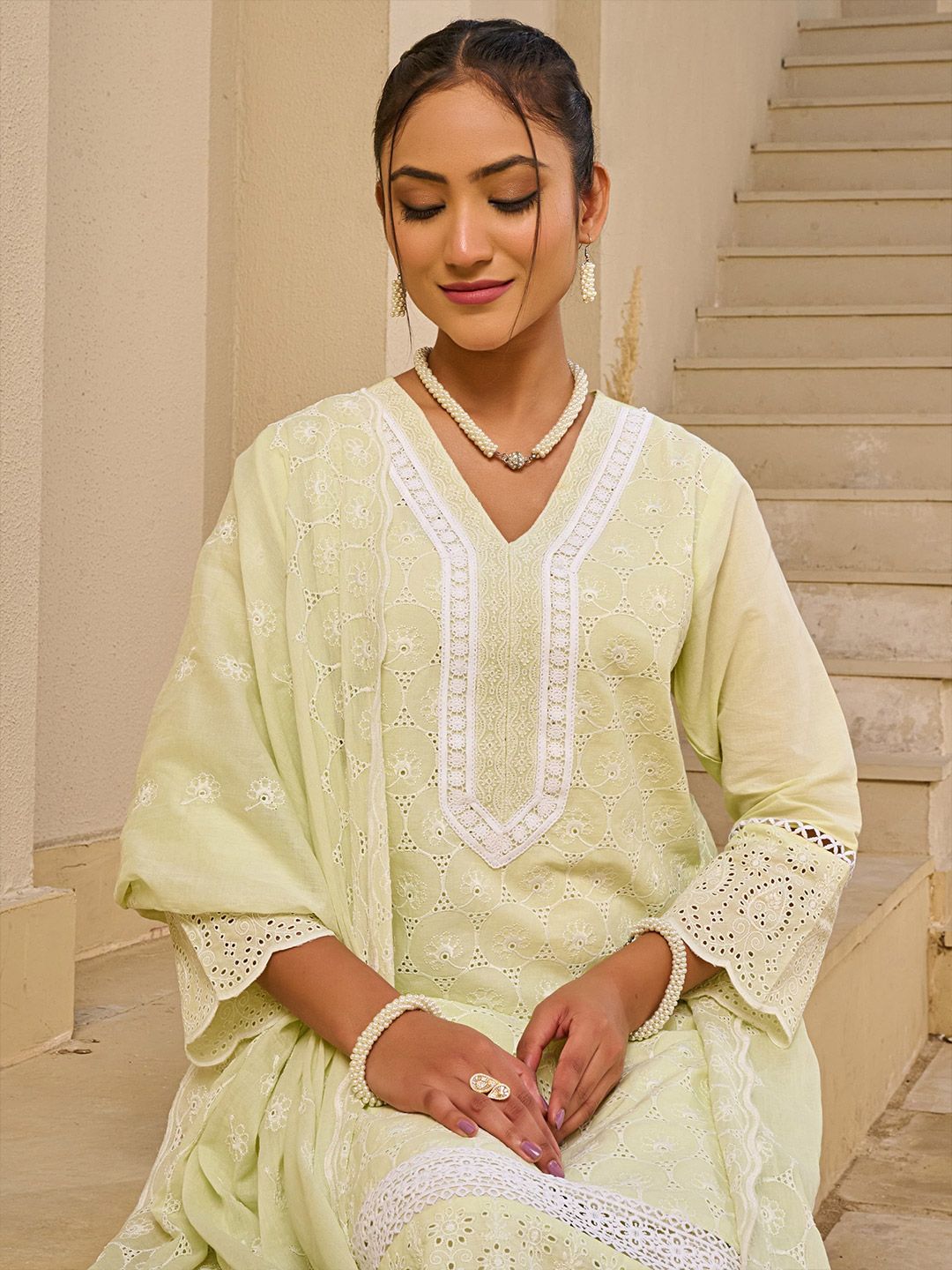 Dhiyona IE Women Ethnic Motifs Embroidered Cotton Kurta with Trousers & Dupatta
