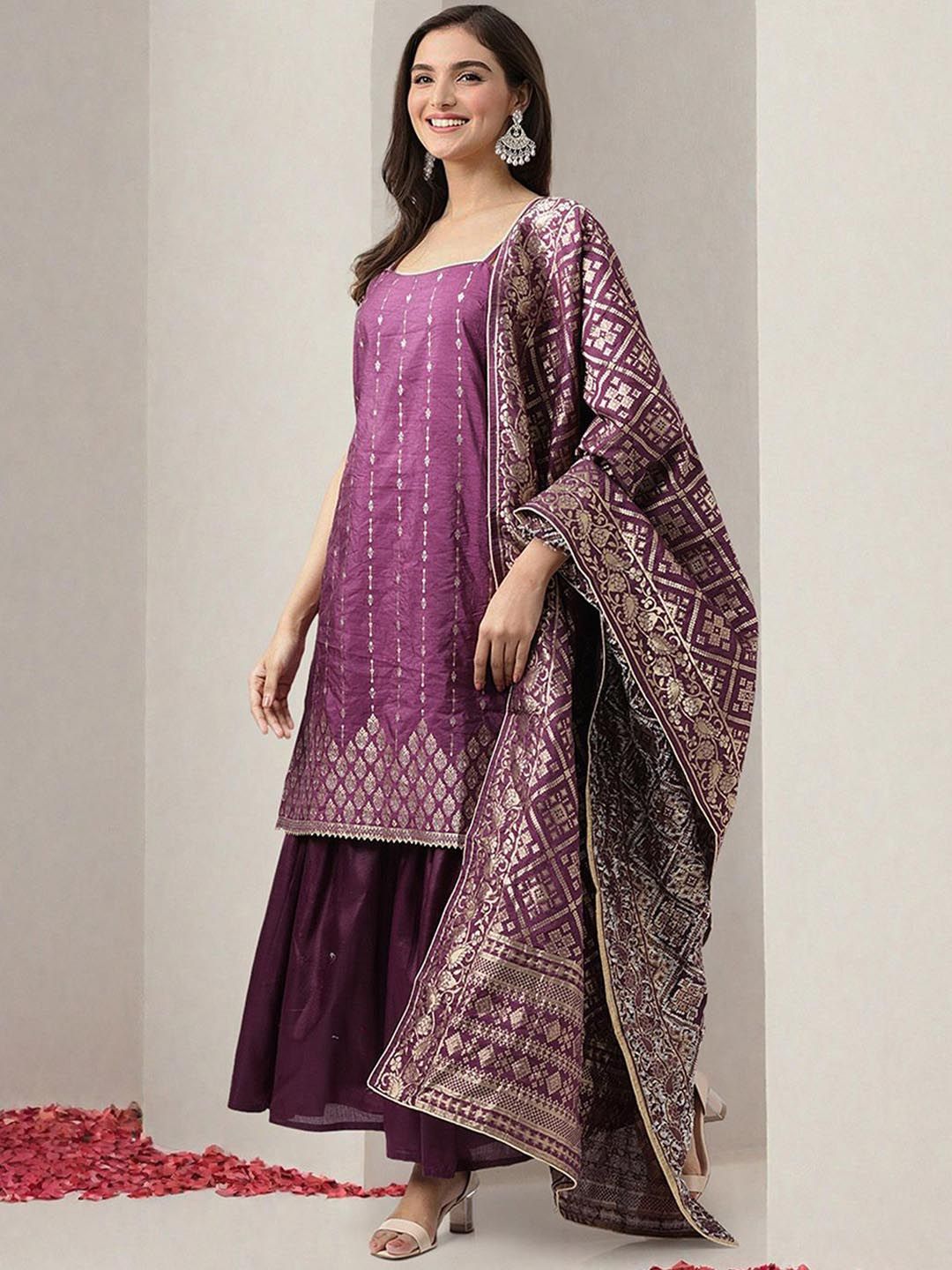 Dhiyona IS Women's Women Ethnic Motifs Printed Regular Sequinned Kurta with Trousers & With Dupatta