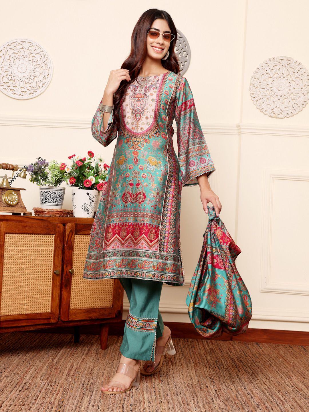 Turquoise Blue Ethnic Motifs Printed Chanderi Silk Tunic With Trousers
