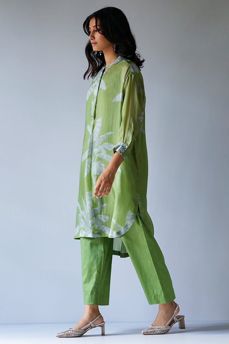Women's Turtle Green and Grey Bemberg Silk Printed Co-ord Set