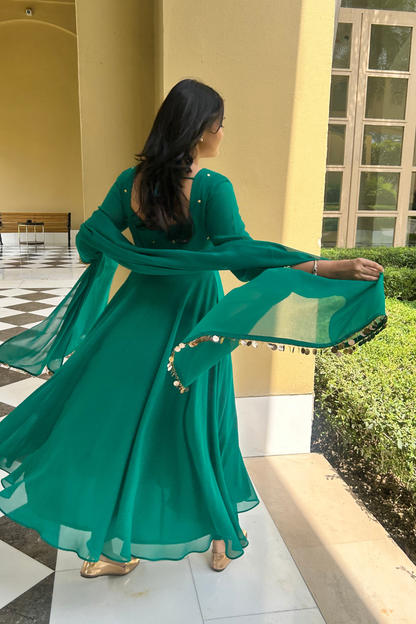 Dhiyona ST 3 pc Suit Set - Terribily Nice Green Georgette 3/4th Sleeve Anarkali with Gold Embroidery and Dupatta with Pants