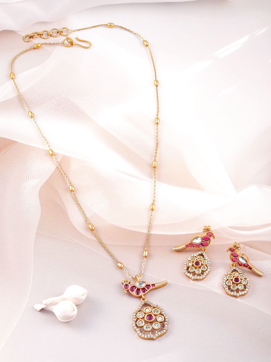 Dhiyona RJ Women's 22 K Gold-Plated Ruby & Kundan with Zicronia Studded Peacock Design Necklace Set