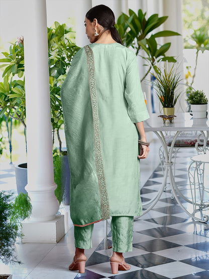 Zari Ethnic Motifs Embroidered Notch Neck Straight Republic Day Kurta With Trousers & Dupatta