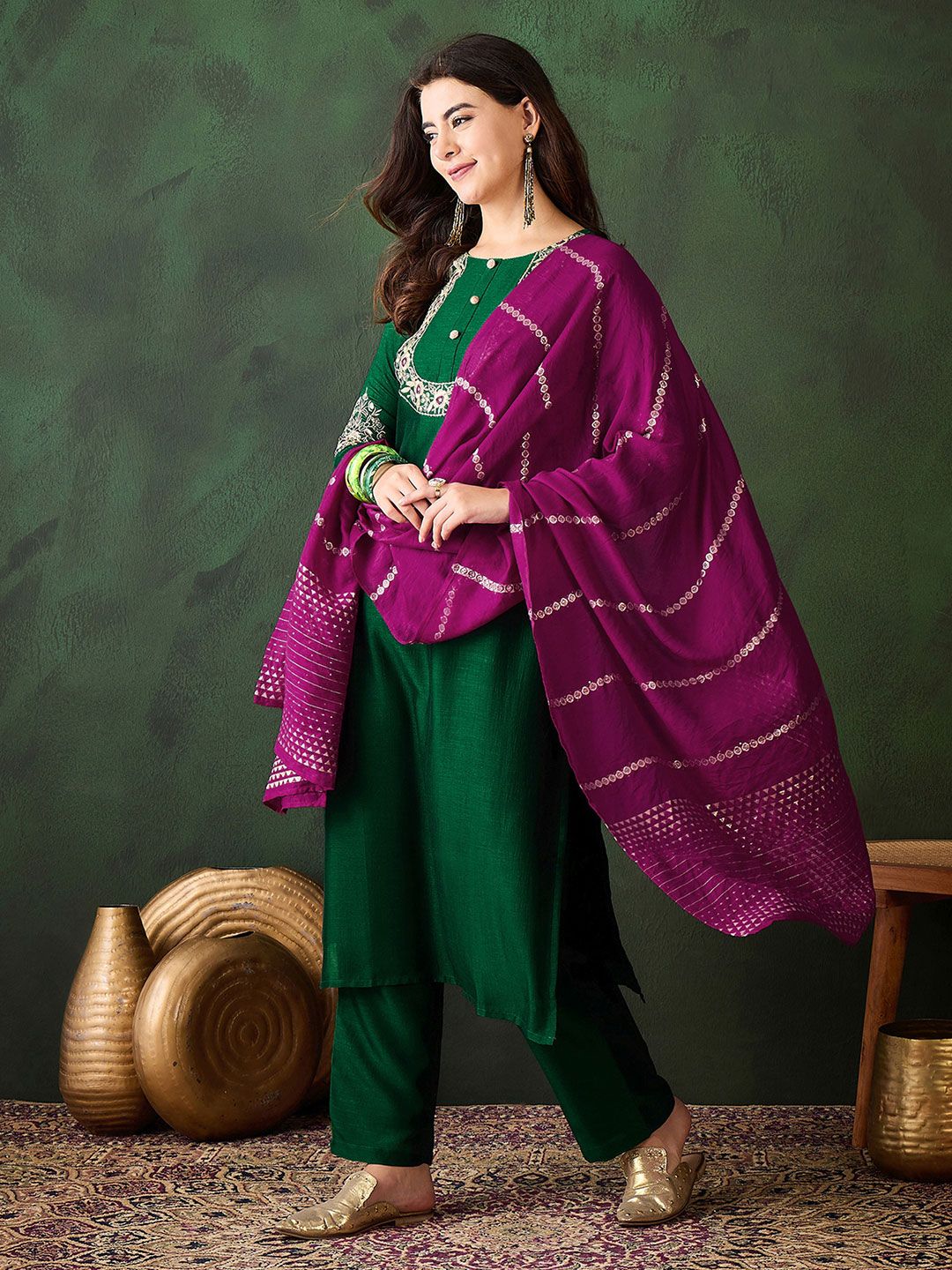 Dhiyona SN Women's Floral Embroidered Thread Work Straight Kurta With Trousers & Dupatta