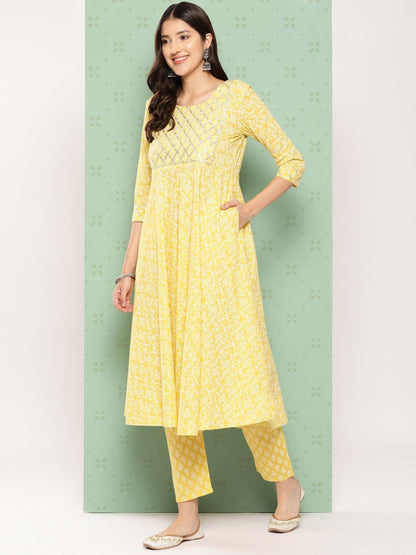 Dhiyona KL Ethnic Motifs Printed Pure Cotton Anarkali Kurta with Trousers & Dupatta