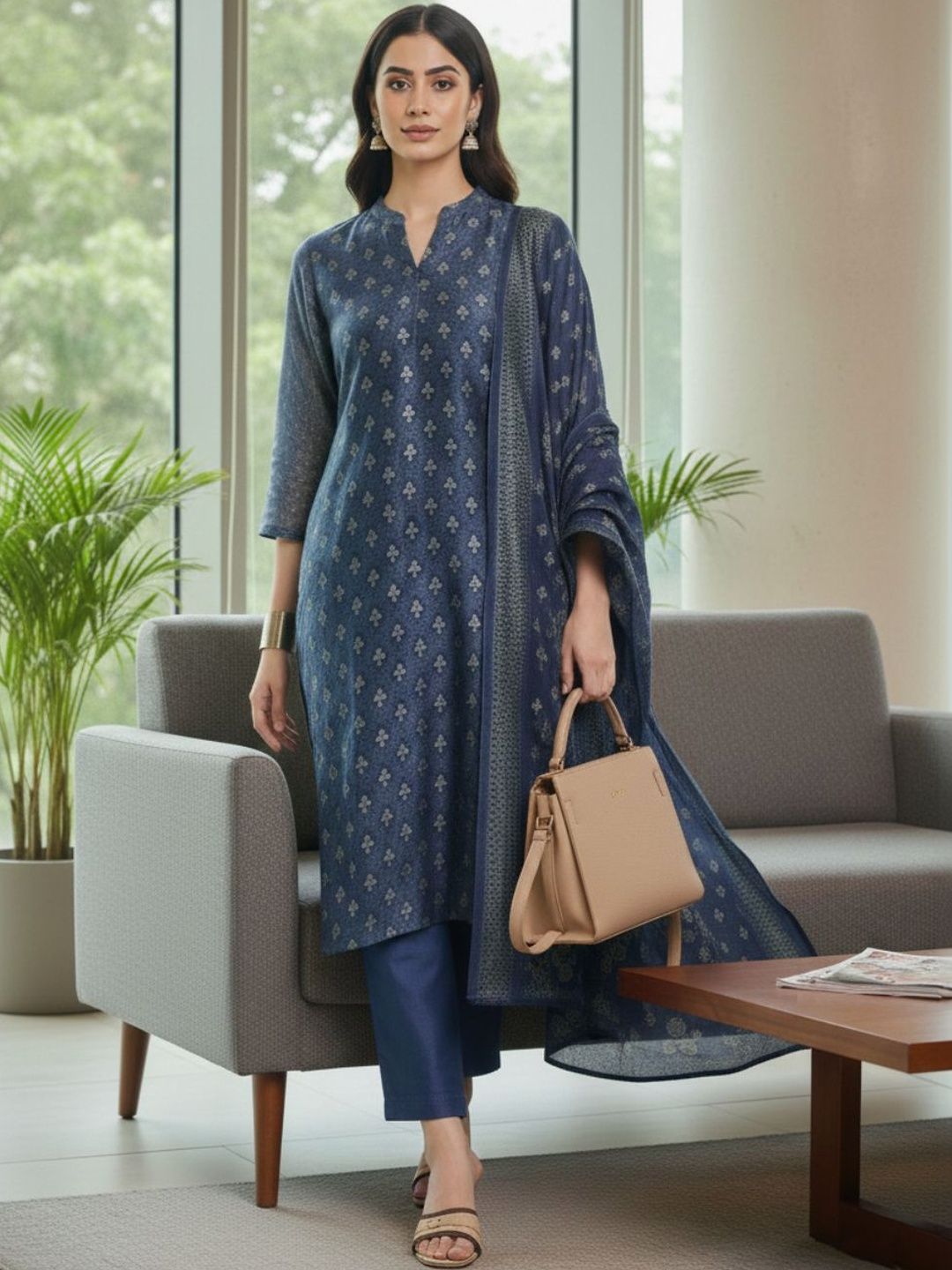 Navy Blue Women Floral Printed Regular Chanderi Silk Kurta with Trousers & With Dupatta