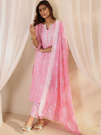 Women Floral Printed Regular Thread Work Kurta with Trousers & With Dupatta