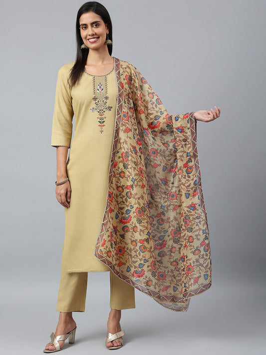 Dhiyona KL Women Beige Embroidered Kurta with Trousers & With Dupatta