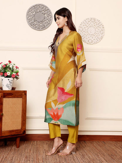 Mustard Quirky Printed V-Neck Chanderi Silk Straight Kurta With Trousers