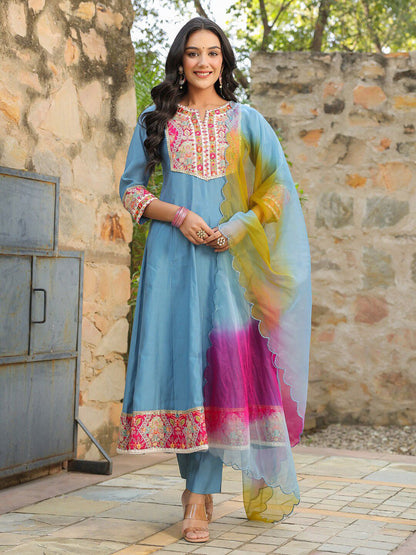 Dhiyona RR Women's Floral Embroidered Anarkali Kurta &Trousers With Dupatta