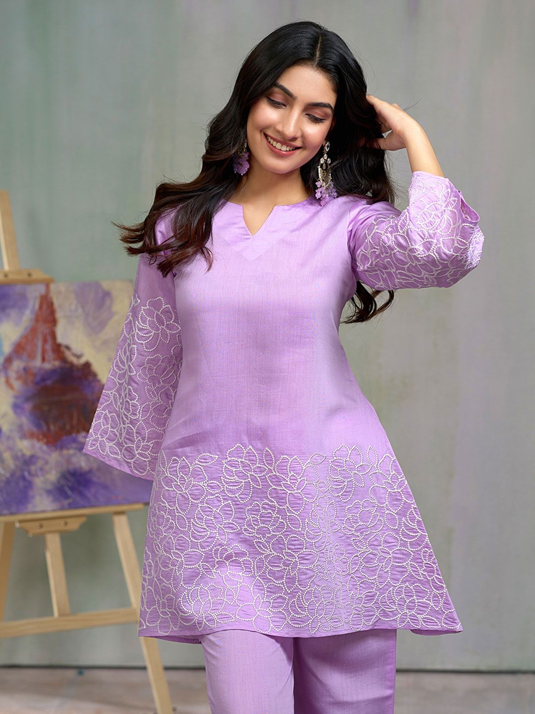 Dhiyona CH Women Floral Embroidered Sequined A-Line Kurta With Trousers