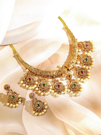 Dhiyona RJ Women's 22KT Gold-Plated Cubic Zirconia Studded & Pearls Beaded Lakshmi God Jewellery Set