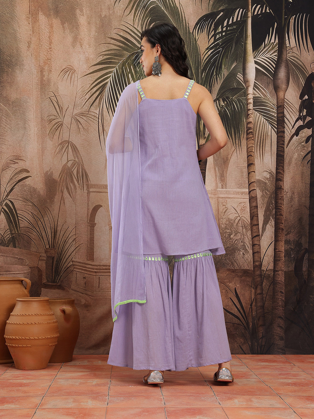 Embroidered Mirror Work & Tasselled Detail Cotton Kurti with Sharara & Dupatta
