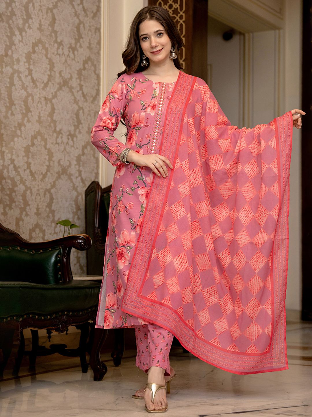 Dhiyona KL Floral Printed Mirror Work Straight Kurta With Trousers & Dupatta