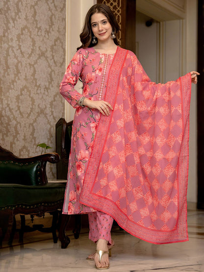 Dhiyona KL Floral Printed Mirror Work Straight Kurta With Trousers & Dupatta