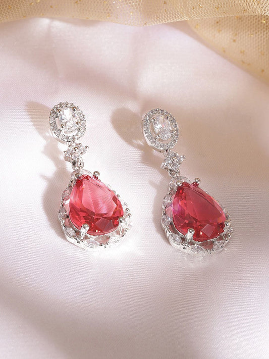 Dhiyona RJ Women's Rhodium Plated Ruby Studded Zirconia Teardrop Earring