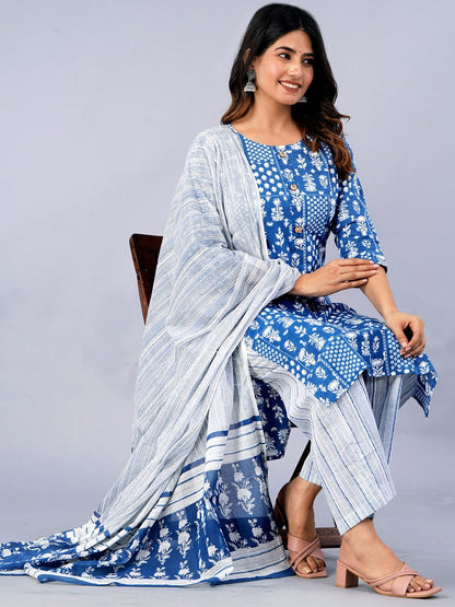 Dhiyona KL Ethnic Motifs Printed Pure Cotton Kurta With Palazzo & With Dupatta
