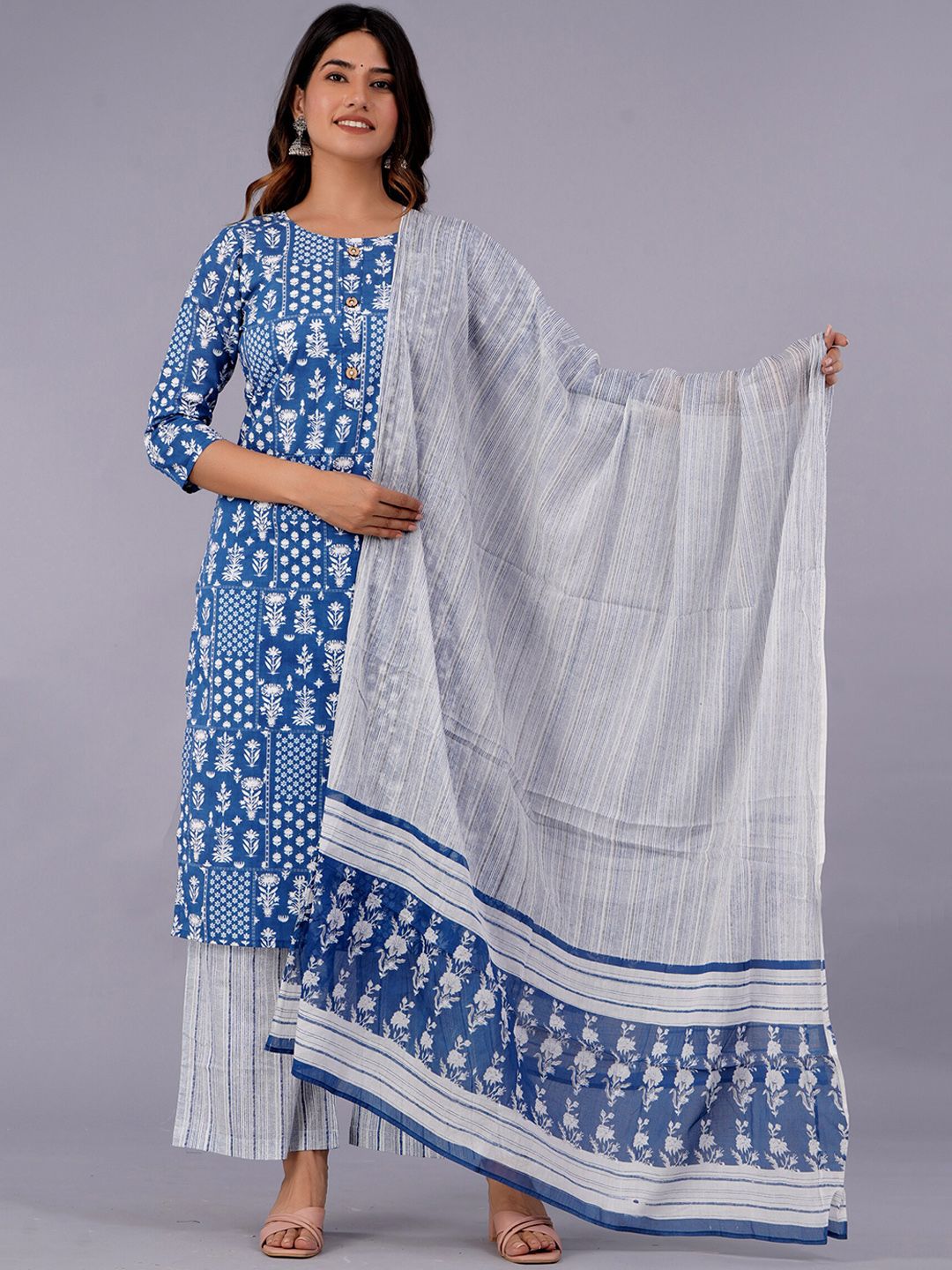 Dhiyona KL Ethnic Motifs Printed Pure Cotton Kurta With Palazzo & With Dupatta