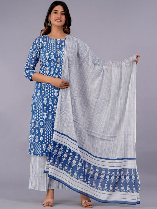 Dhiyona KL Ethnic Motifs Printed Pure Cotton Kurta With Palazzo & With Dupatta