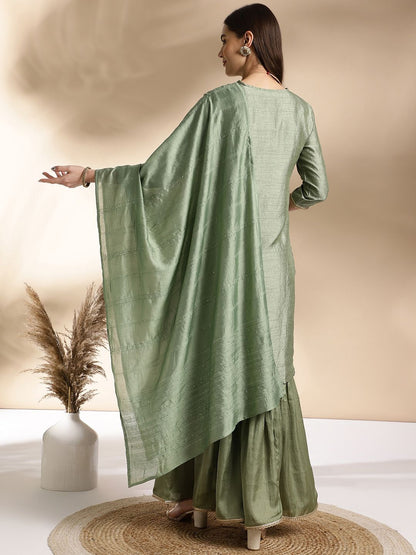 Dhiyona AN Green Ethnic Motifs Printed Straight Pure Silk Kurta With Sharara & Dupatta