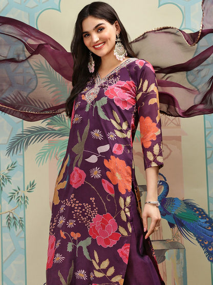 Dhiyona IS Women's Purple Floral Printed Thread Work Straight Kurta With Trousers & With Dupatta