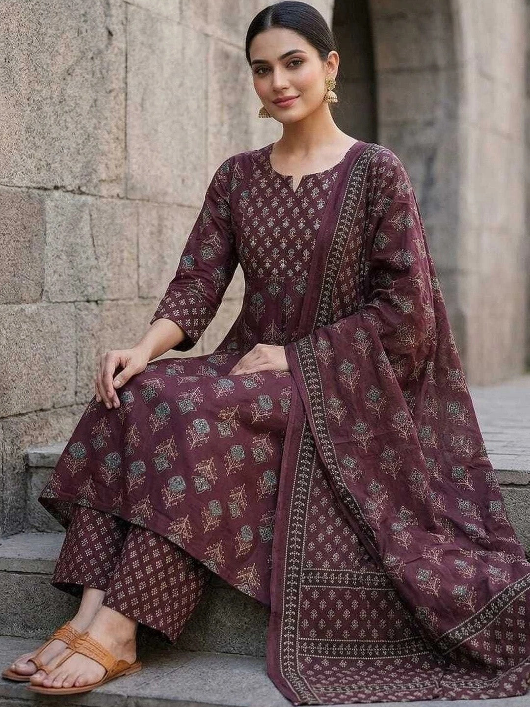 Women Ethnic Motifs Printed Regular Pure Cotton Kurta with Trousers & With Dupatta
