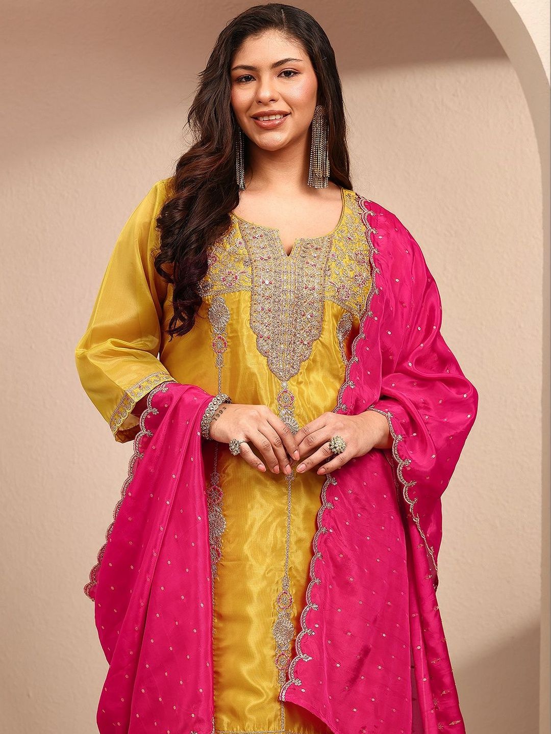 Dhiyona Women's Ethnic Motifs Embroidered Regular Kurta with Palazzos & With Dupatta