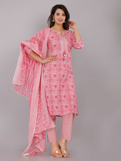 Dhiyona KL Embroidered Floral Printed Pure Cotton Regular Kurta with Trousers & Dupatta