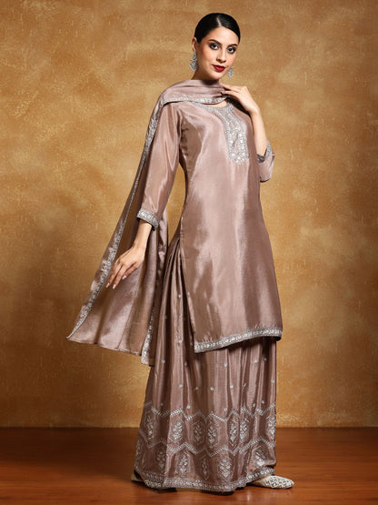 Dhiyona VA Floral Yoke Design Zari Straight Kurta With Sharara And Dupatta