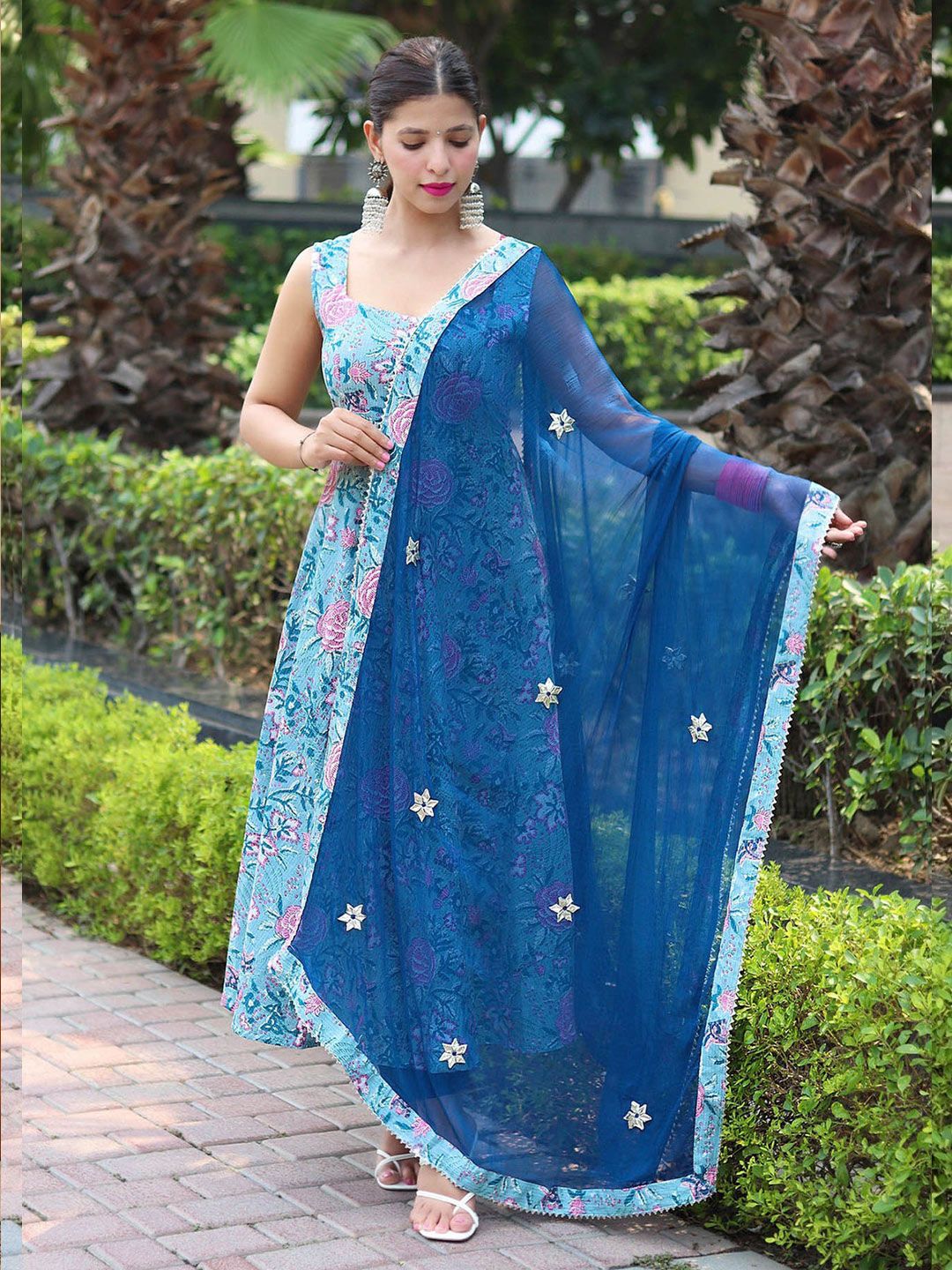 Dhiyona KL Floral Printed Sequinned Sleeveless Anarkali Kurta With Trouser & Dupatta