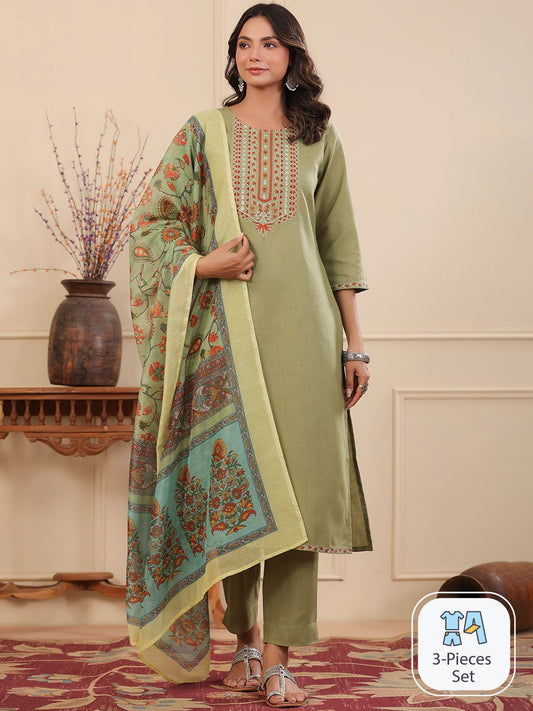 Dhiyona RR Women's Ethnic Motifs Embroidered Thread Work Kurta With Trousers & Dupatta